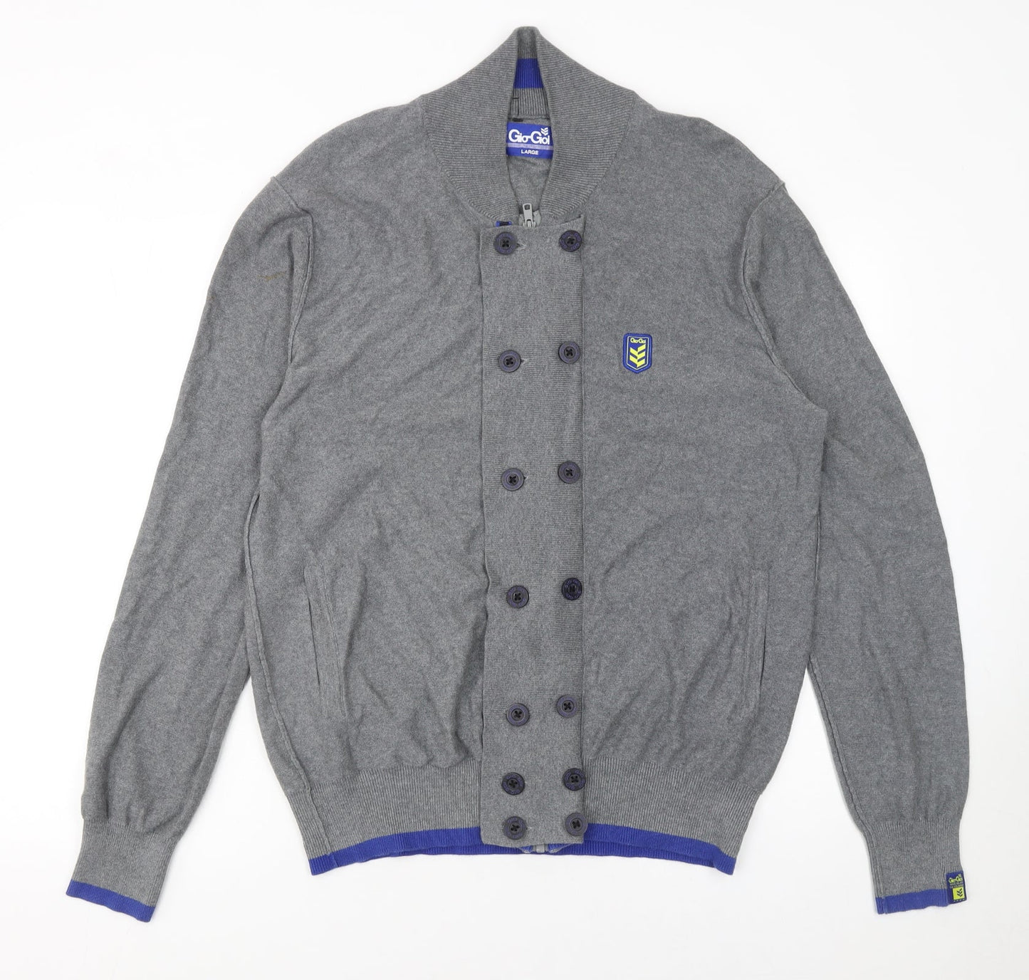 Gio Goi Men's Grey Cotton Collared Button Cardigan Size L