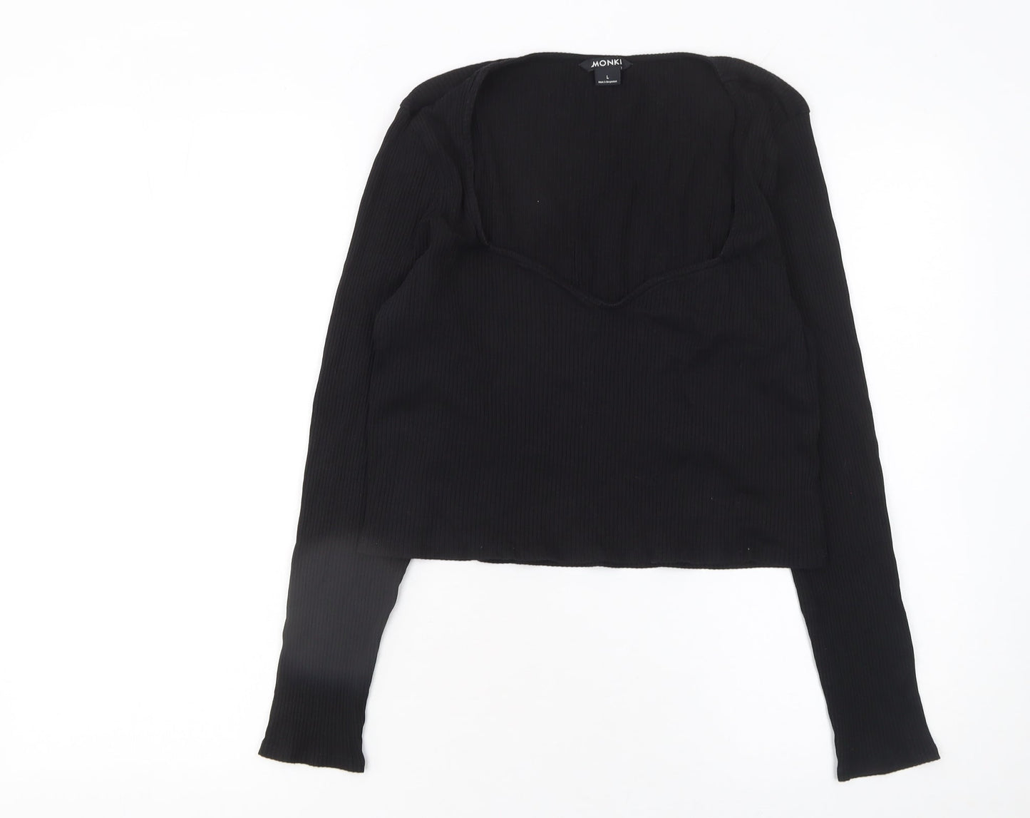 Monki Women’s Black Cropped Long Sleeve Sweetheart Top Size L Cotton Blend