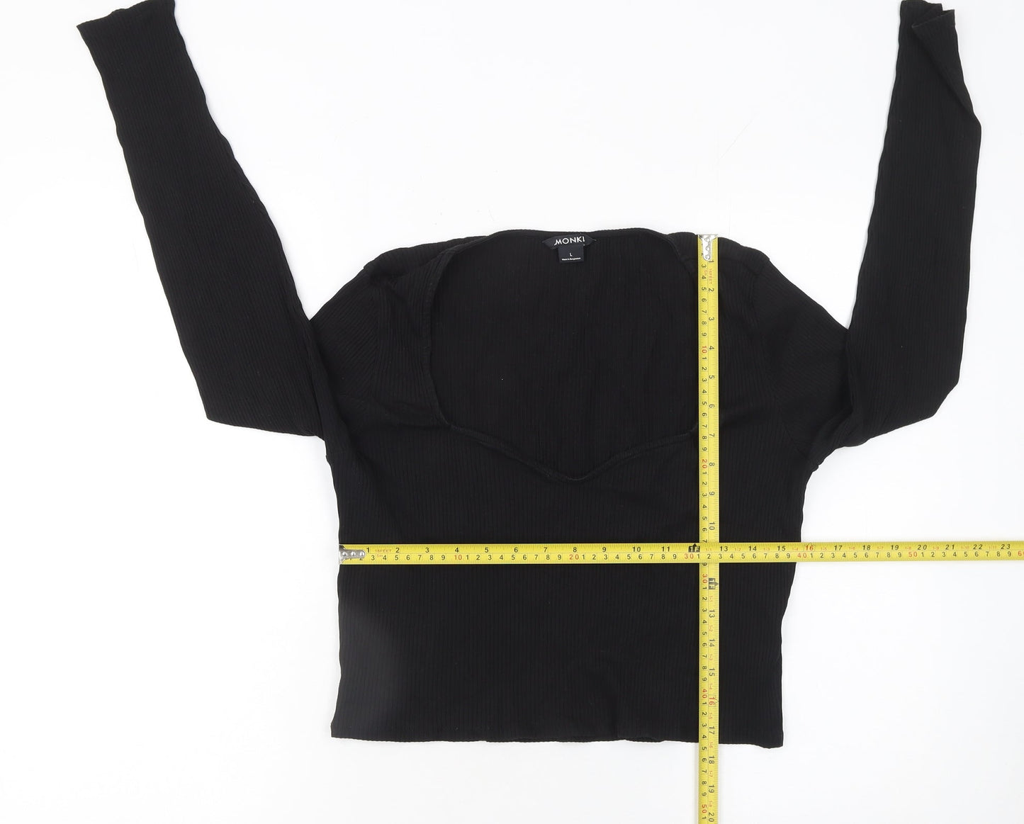 Monki Women’s Black Cropped Long Sleeve Sweetheart Top Size L Cotton Blend