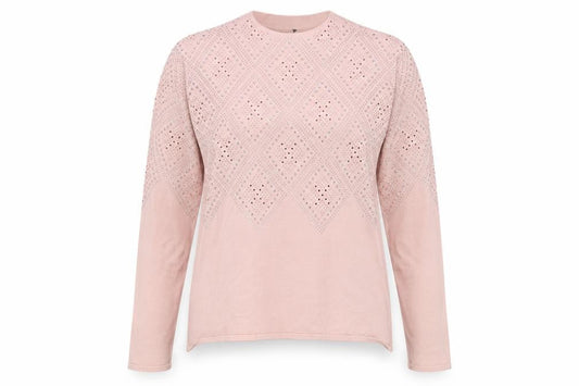 Front view of Roman women’s pink mock neck rhinestone knit jumper, size UK 14