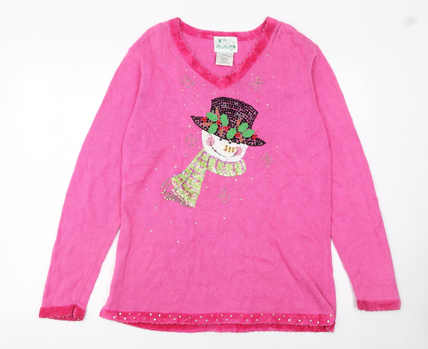 The Quacker Factory Womens Pink Sequin Snowman V-Neck Jumper Small
