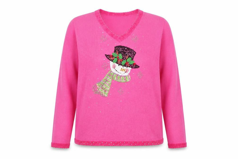 The Quacker Factory Womens Pink Sequin Snowman V-Neck Jumper Small