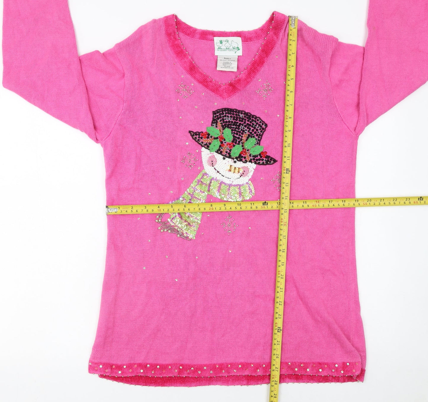 The Quacker Factory Womens Pink Sequin Snowman V-Neck Jumper Small