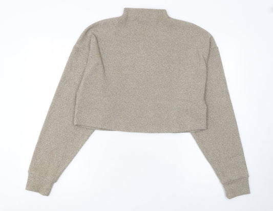 Bershka Women Beige Mock Neck Knit Pullover Jumper Size 12