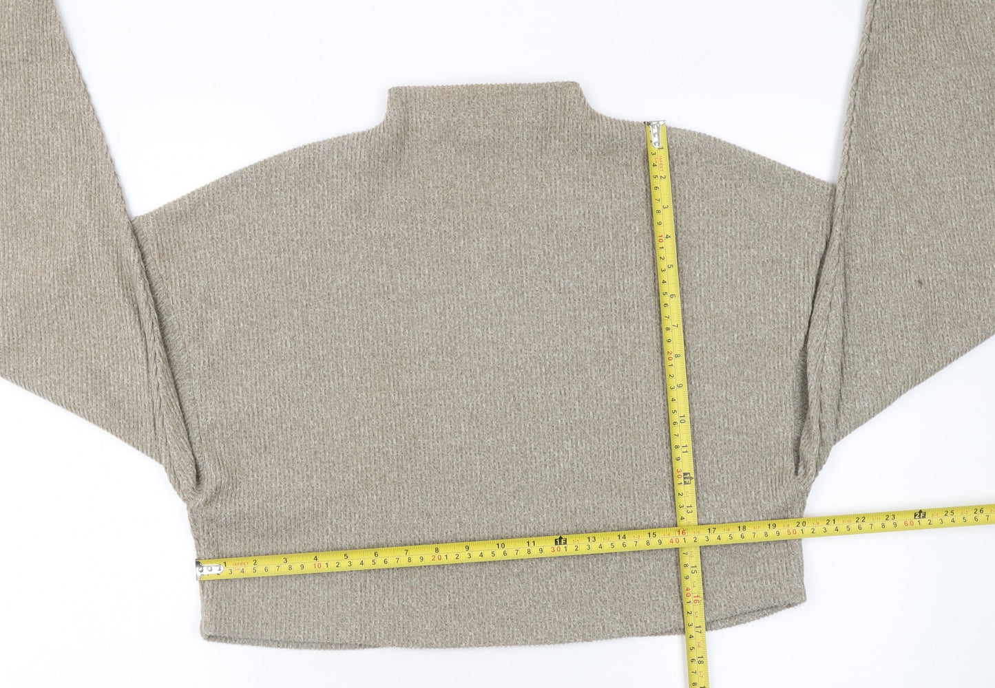 Bershka Women Beige Mock Neck Knit Pullover Jumper Size 12