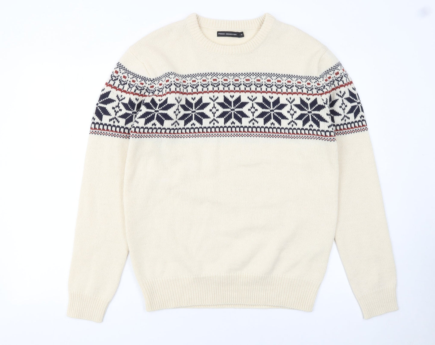 French Connection Men's Beige Fair Isle Wool Blend Jumper Size M