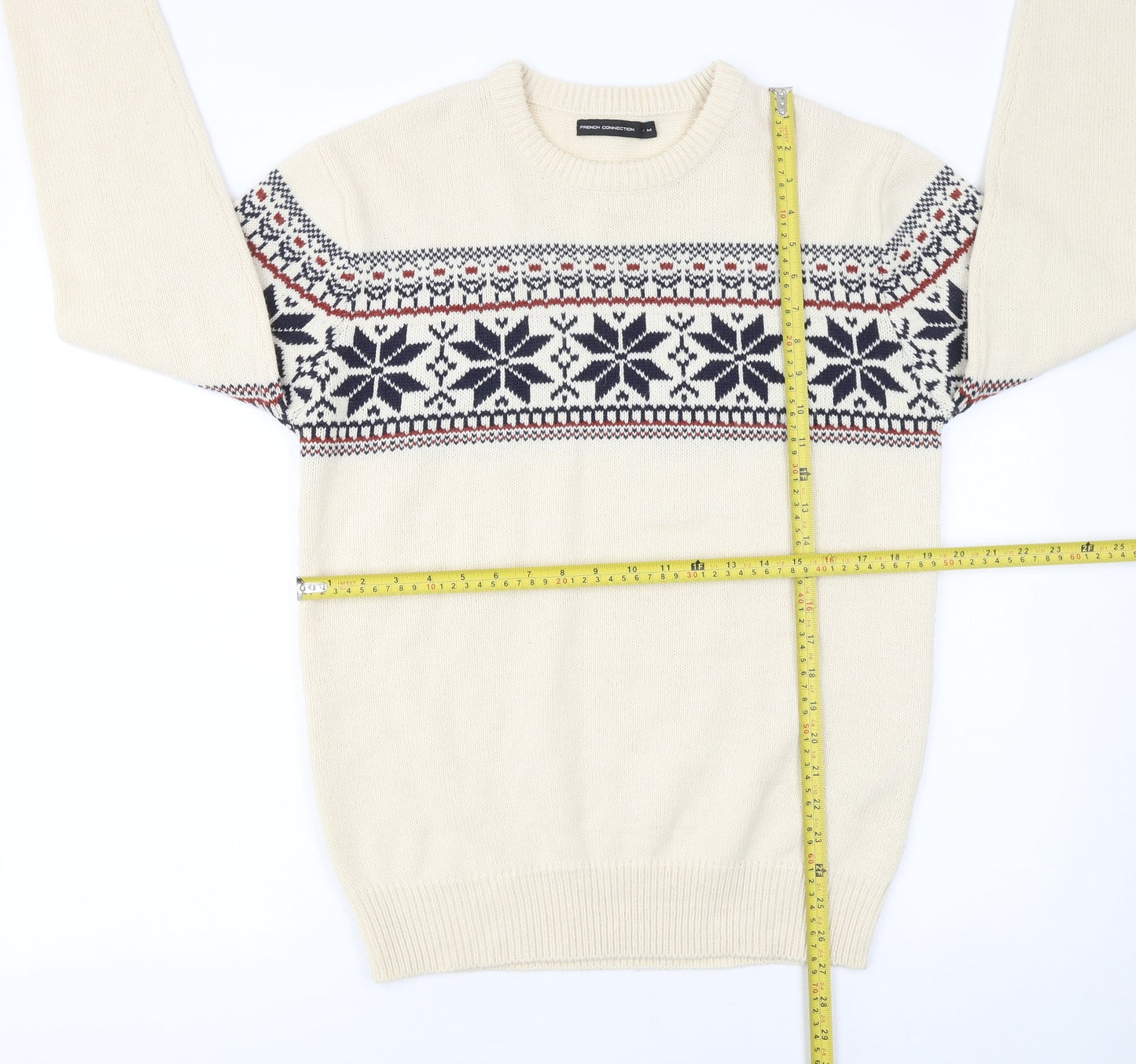 French Connection Men's Beige Fair Isle Wool Blend Jumper Size M