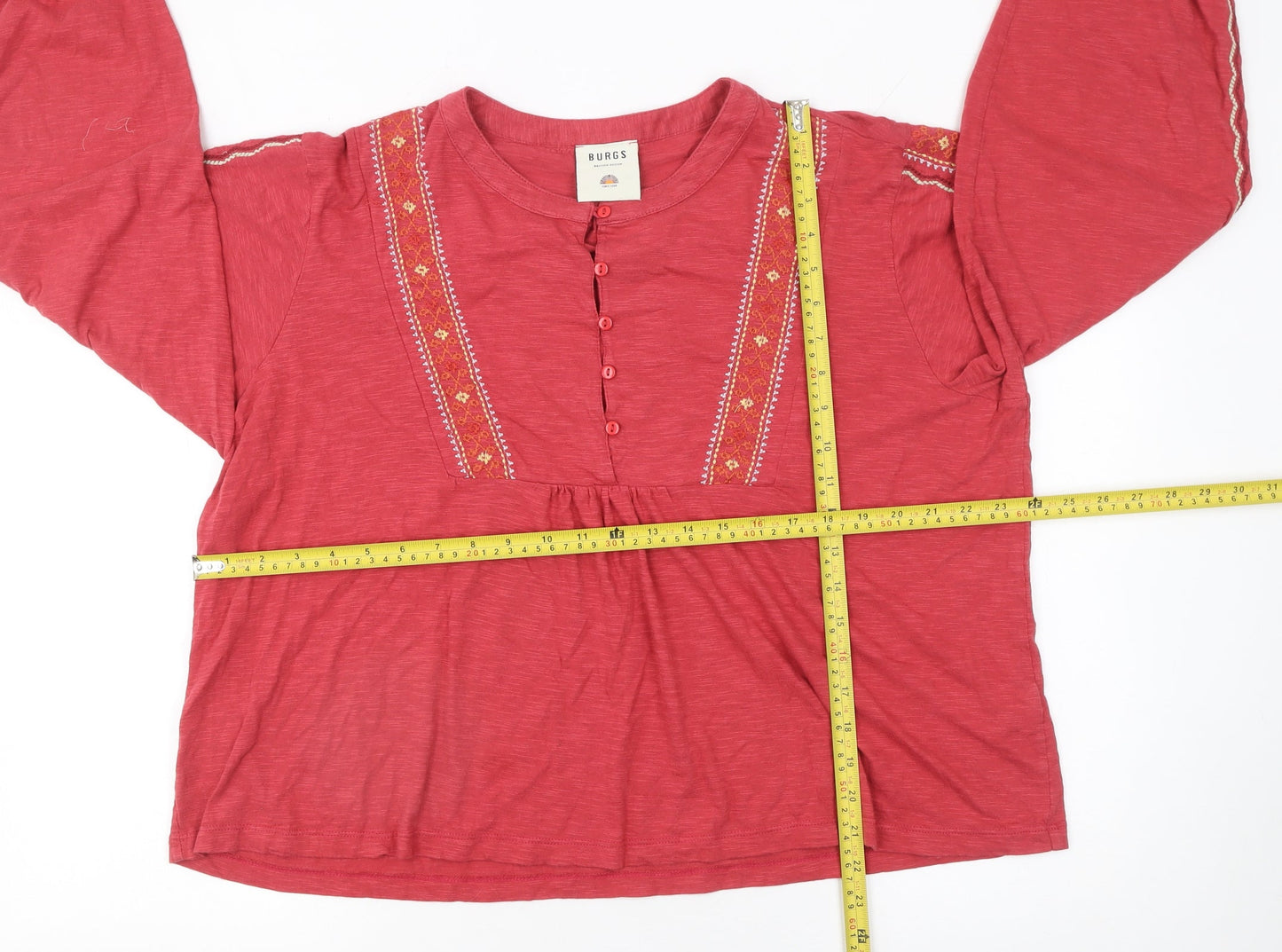 Burgs Women Red Embroidered Long Sleeve Blouse UK 16 Cotton Modal