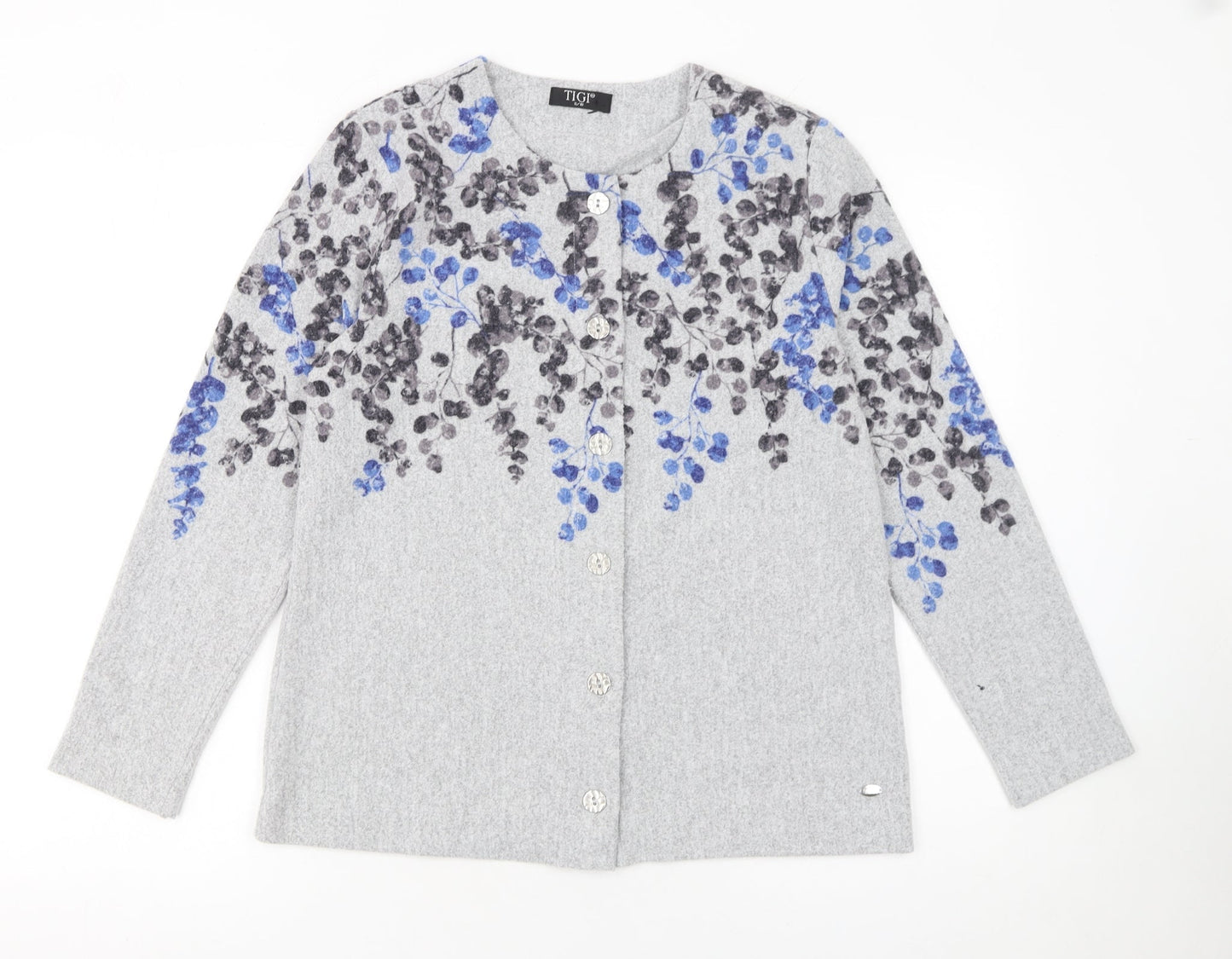 TIGI Women’s Grey Floral Knit Button Cardigan Size 8