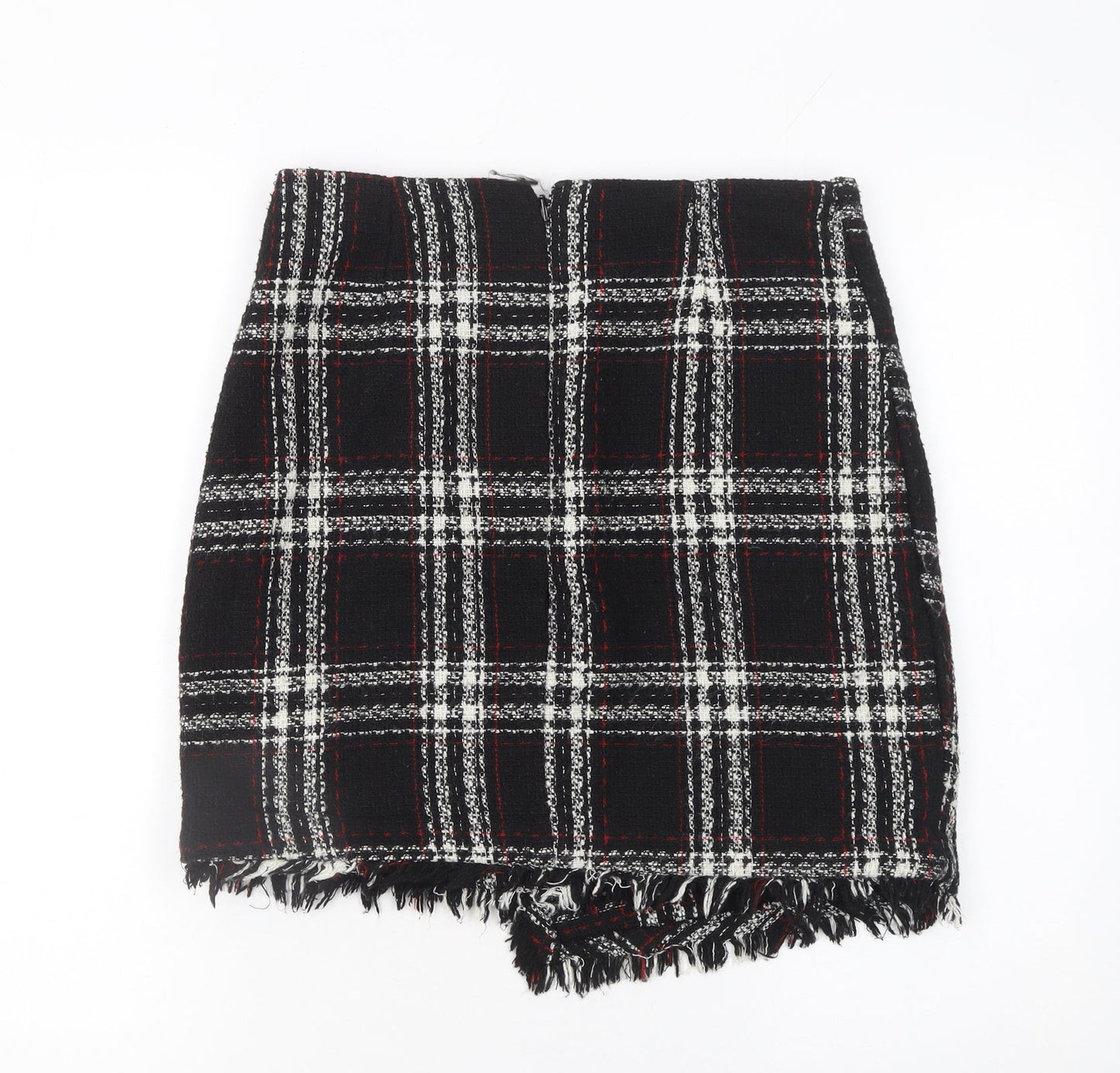 Warehouse Women Black Plaid Wrap Mini Skirt Size 10 Tweed Fringe Detail