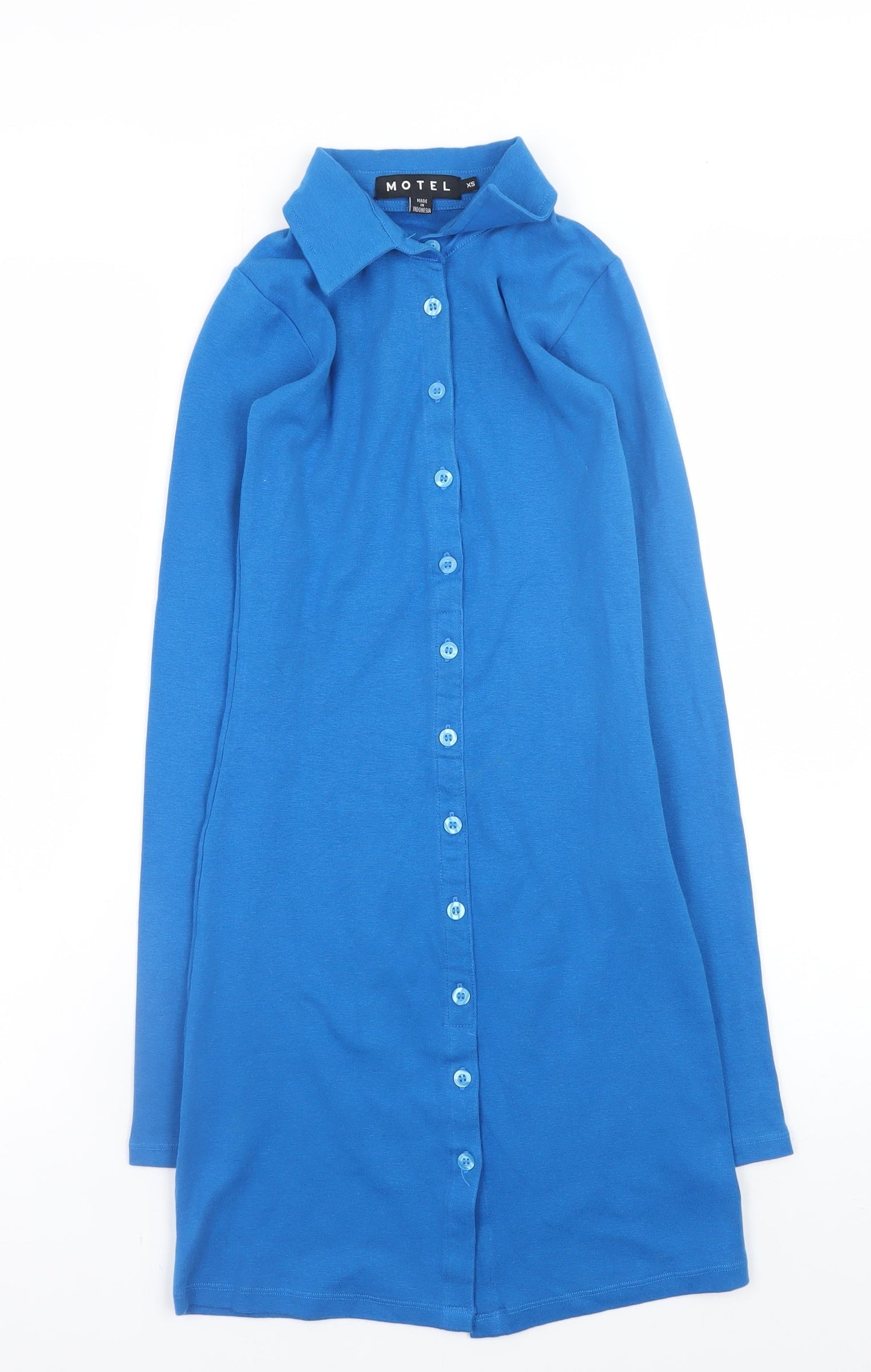 Motel Womens Blue XS Long Sleeve Button Shirt Dress Cotton Blend