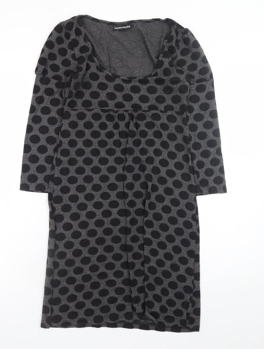 Warehouse Women Grey Polka Dot Bodycon Dress Size 8 Long Sleeve