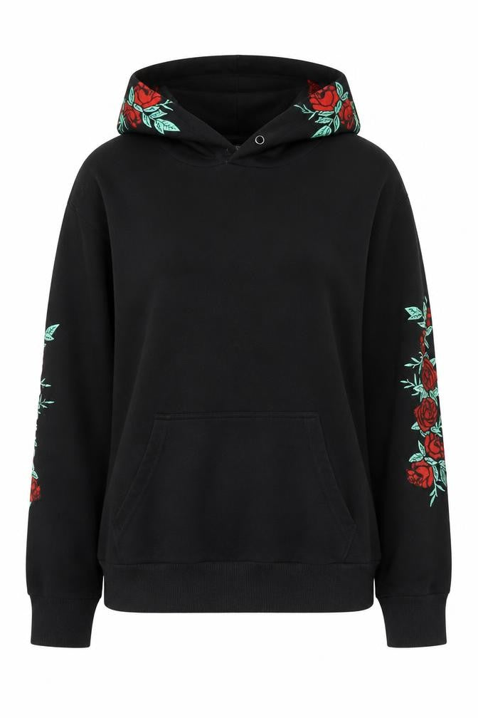 Boohoo Black Rose Embroidered Pullover Hoodie Women M Floral Casual
