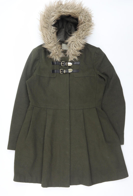 ASOS Women Olive Green Faux Fur Hooded Duffle Coat UK 10 Wool Blend