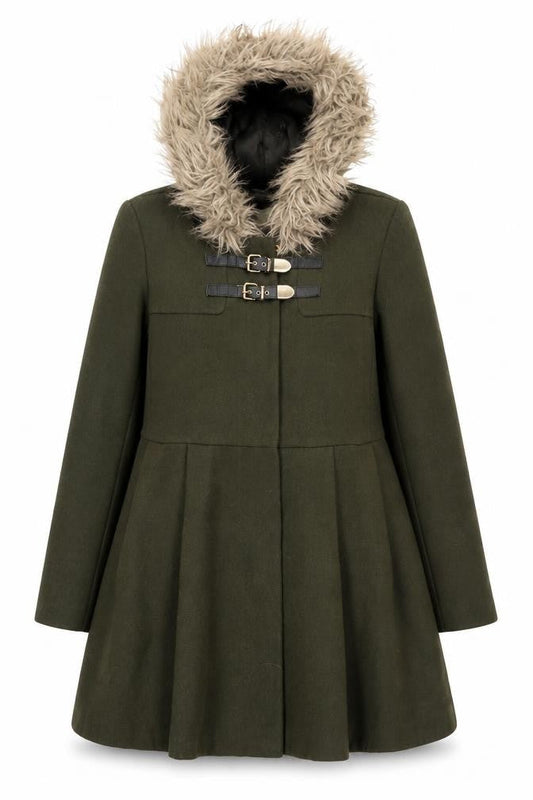 Front view of ASOS Women Olive Green Faux Fur Hooded Duffle Coat UK 10 Wool Blend