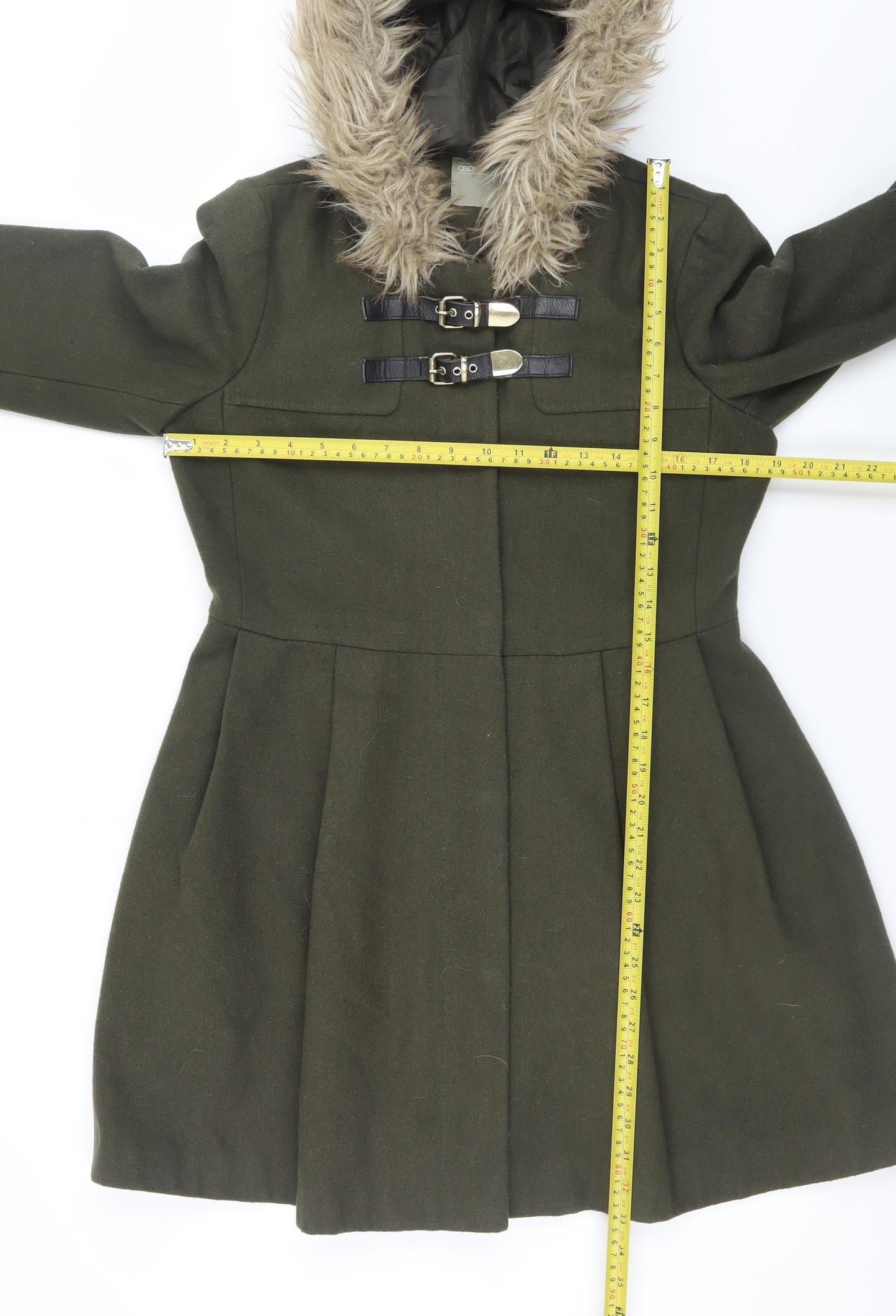 ASOS Women Olive Green Faux Fur Hooded Duffle Coat UK 10 Wool Blend