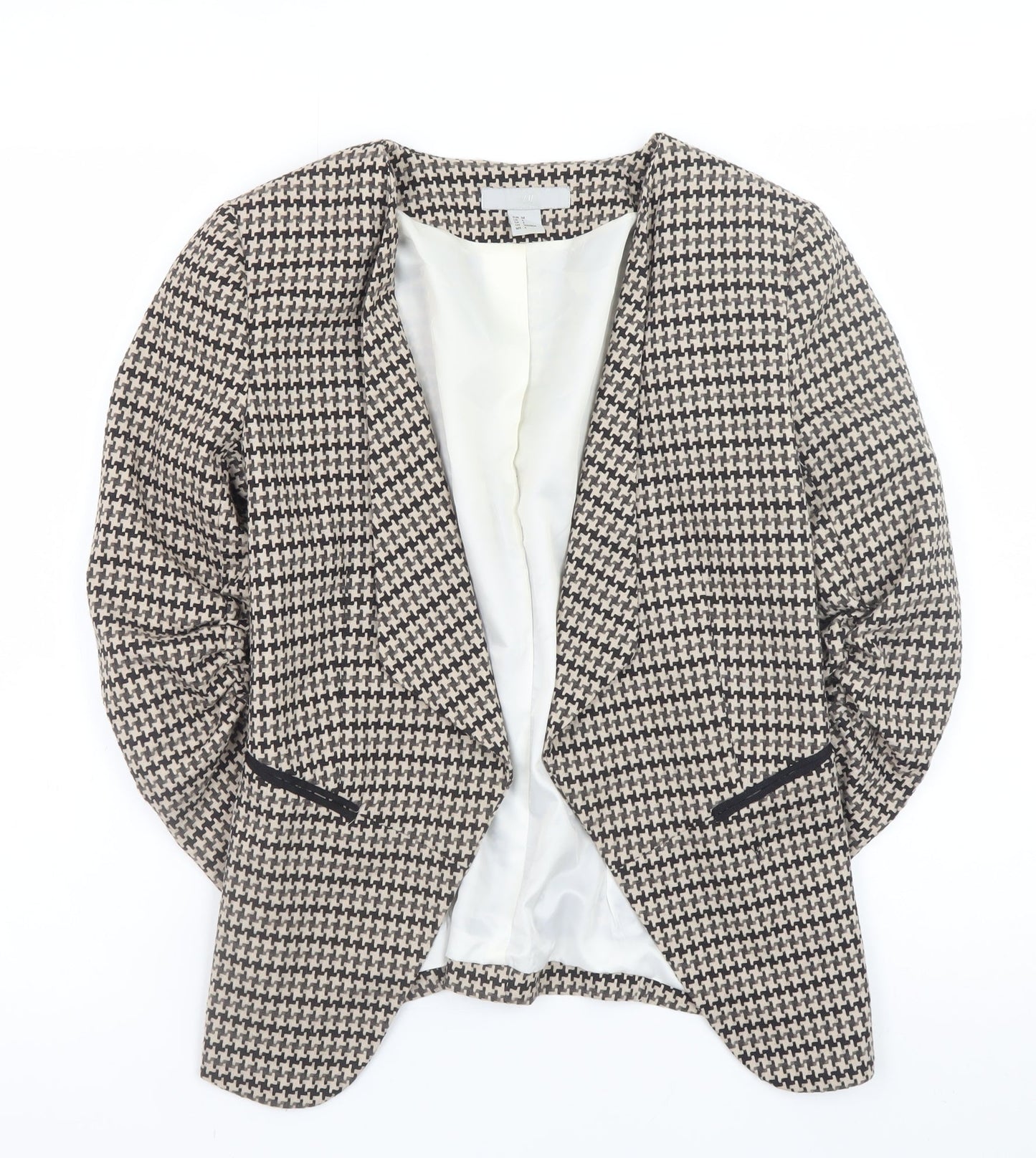 H&M Women Beige Houndstooth Blazer Jacket Size 8 Classic Lined Workwear