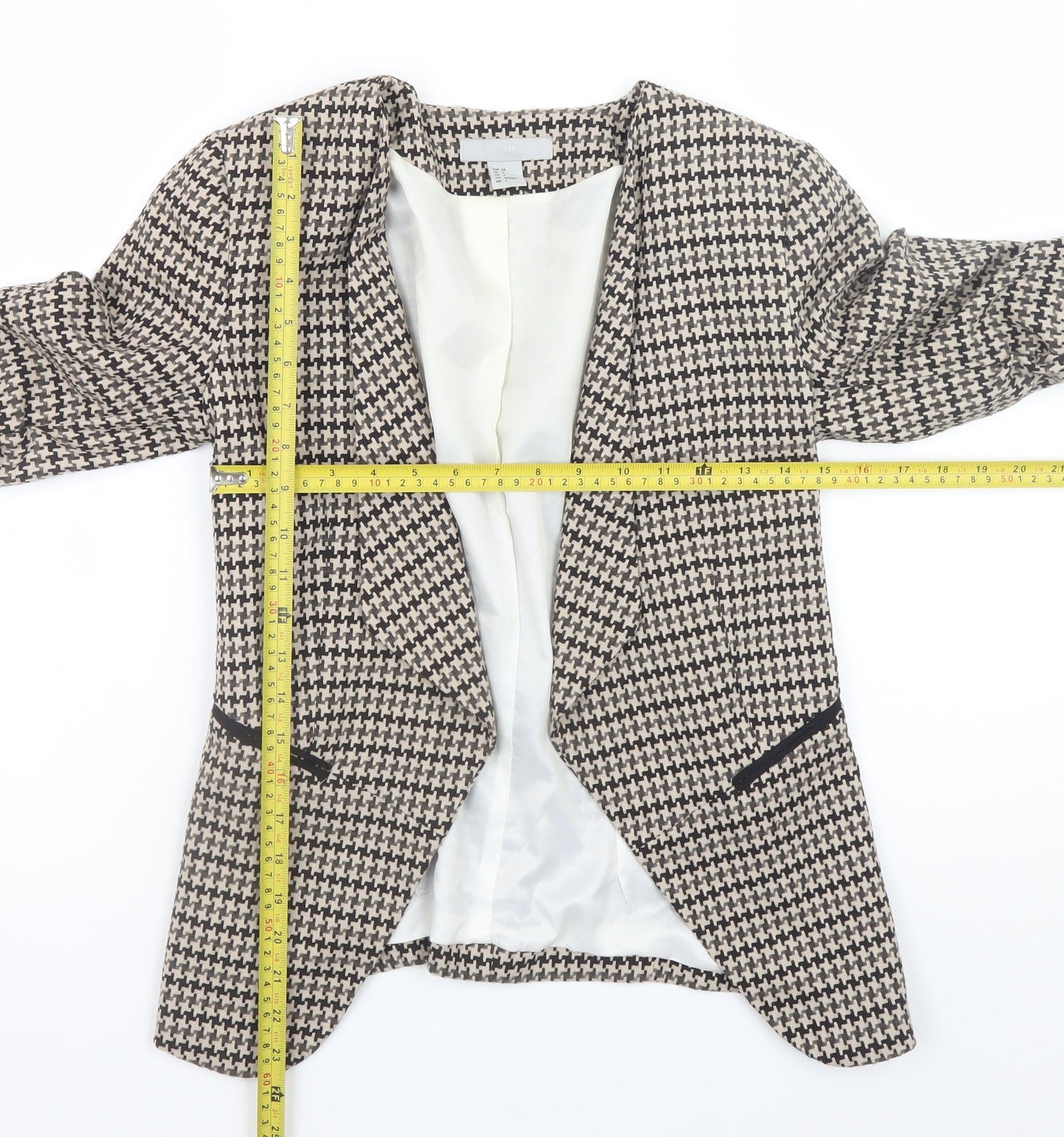 H&M Women Beige Houndstooth Blazer Jacket Size 8 Classic Lined Workwear