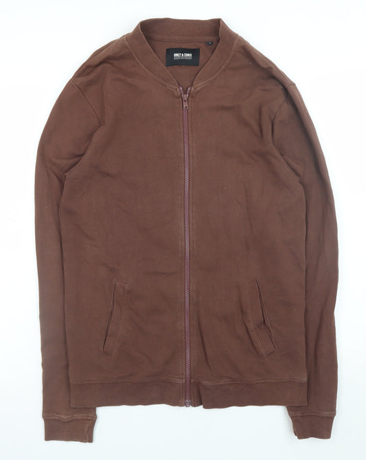 ONLY & SONS Men's Brown Cotton Bomber Jacket M Casual Zip-Up