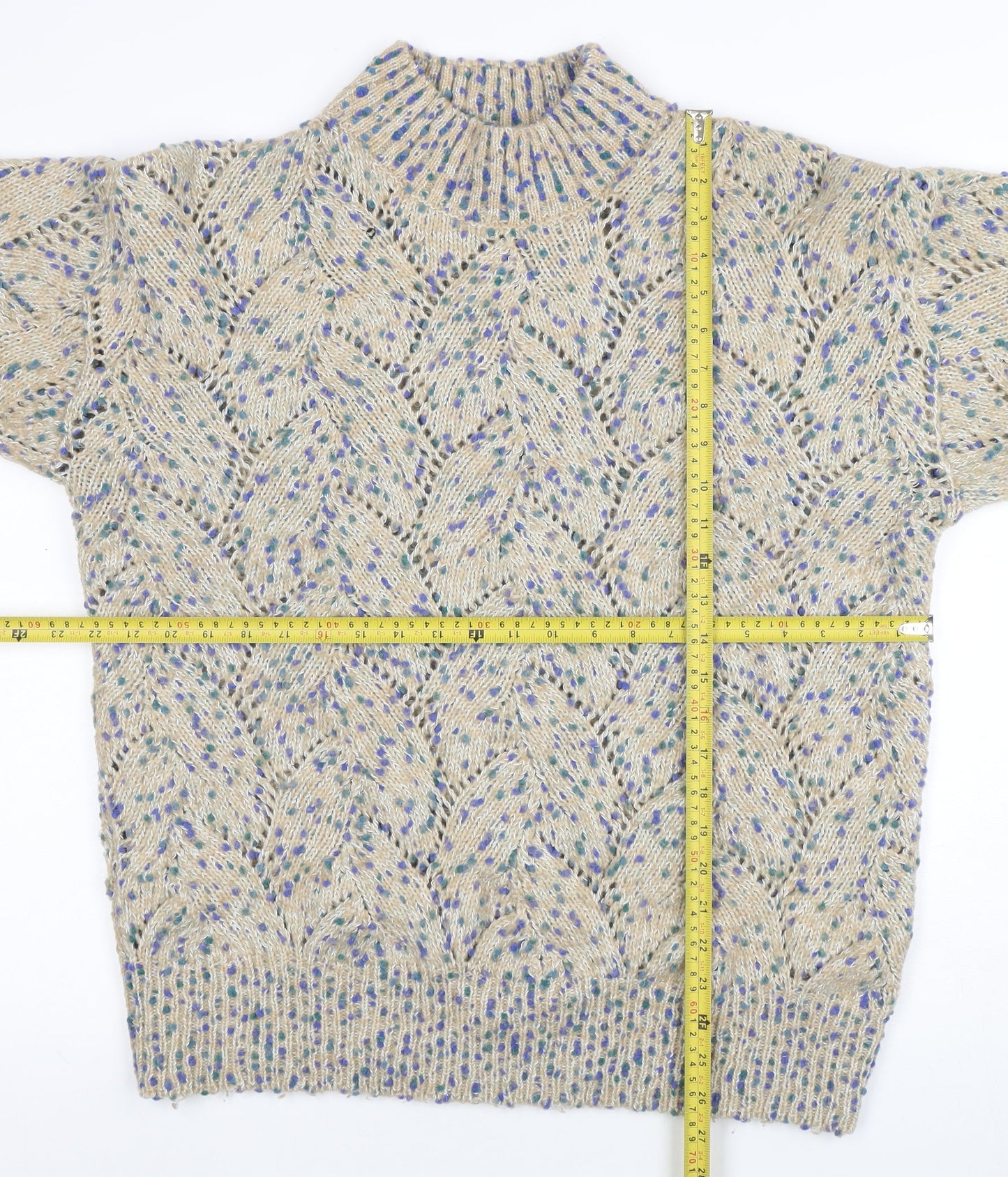 Julipa Womens Beige Open-Knit High Neck Short Sleeve Pullover Jumper Size 20
