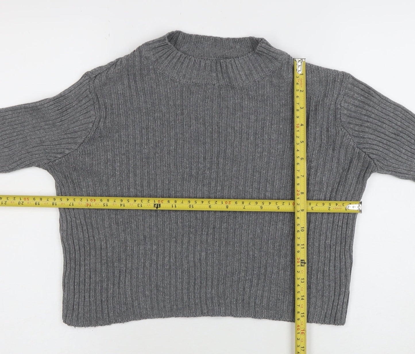 Pull&Bear Womens Grey Mock Neck Rib Knit Jumper Size 10