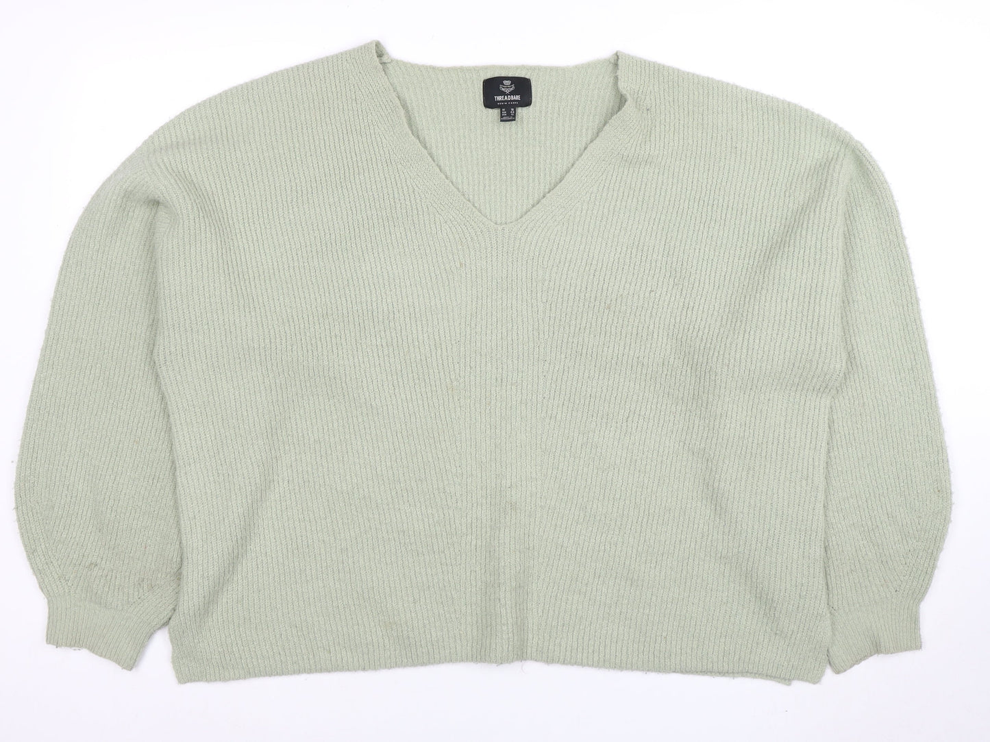 Threadbare Women's Green V-Neck Relaxed Knit Jumper Size 16