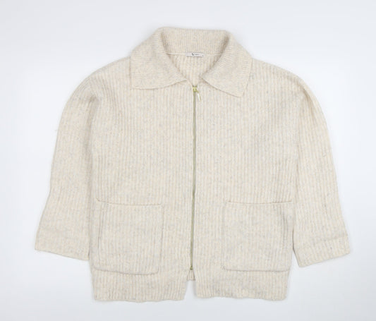 Tu Women Beige Collared Full Zip Knit Jumper Size 10