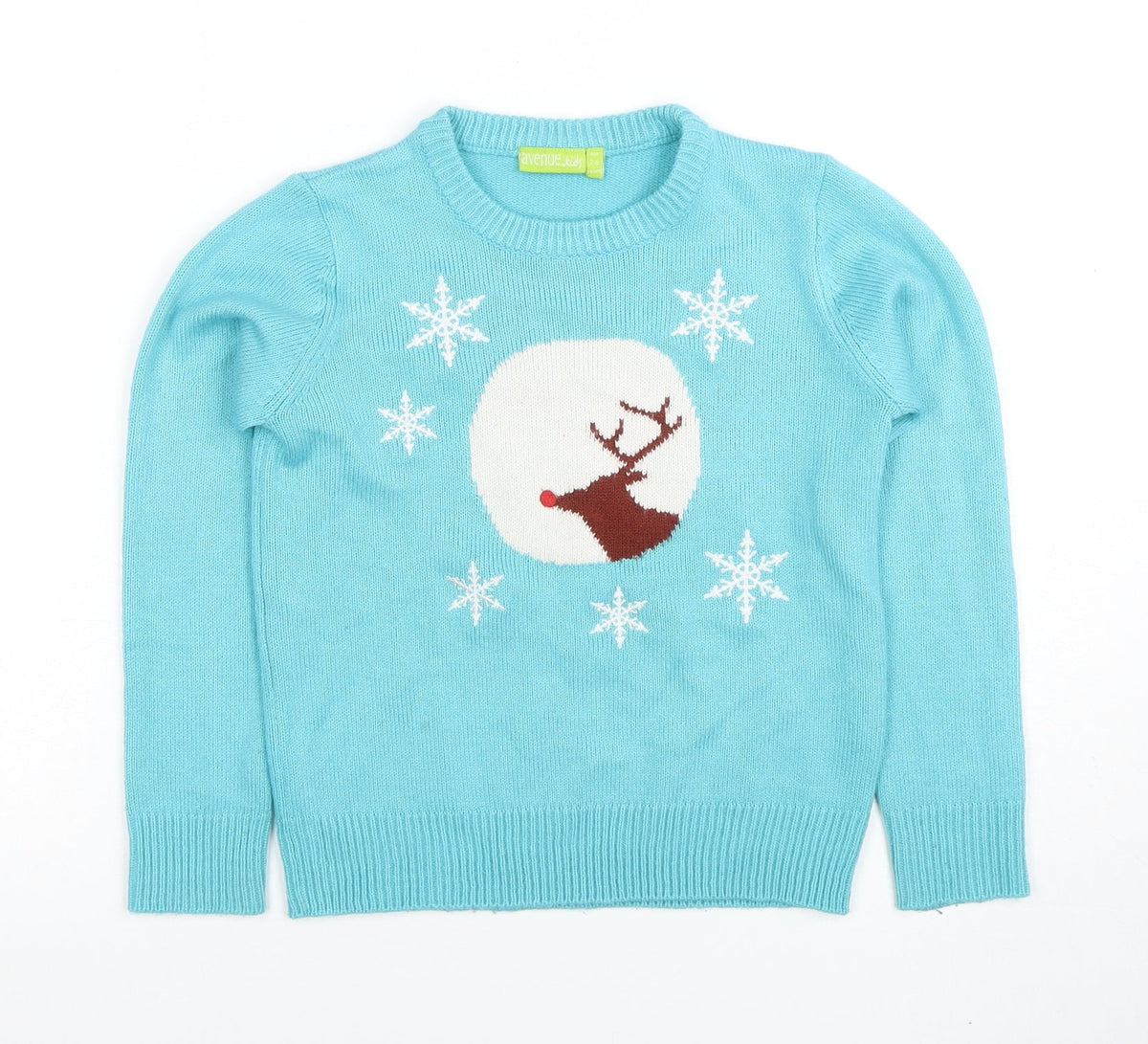 Avenue Kids Girls Blue Reindeer Christmas Jumper 7-8 Years Acrylic Knit