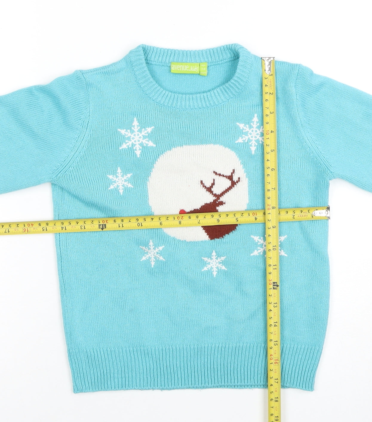 Avenue Kids Girls Blue Reindeer Christmas Jumper 7-8 Years Acrylic Knit