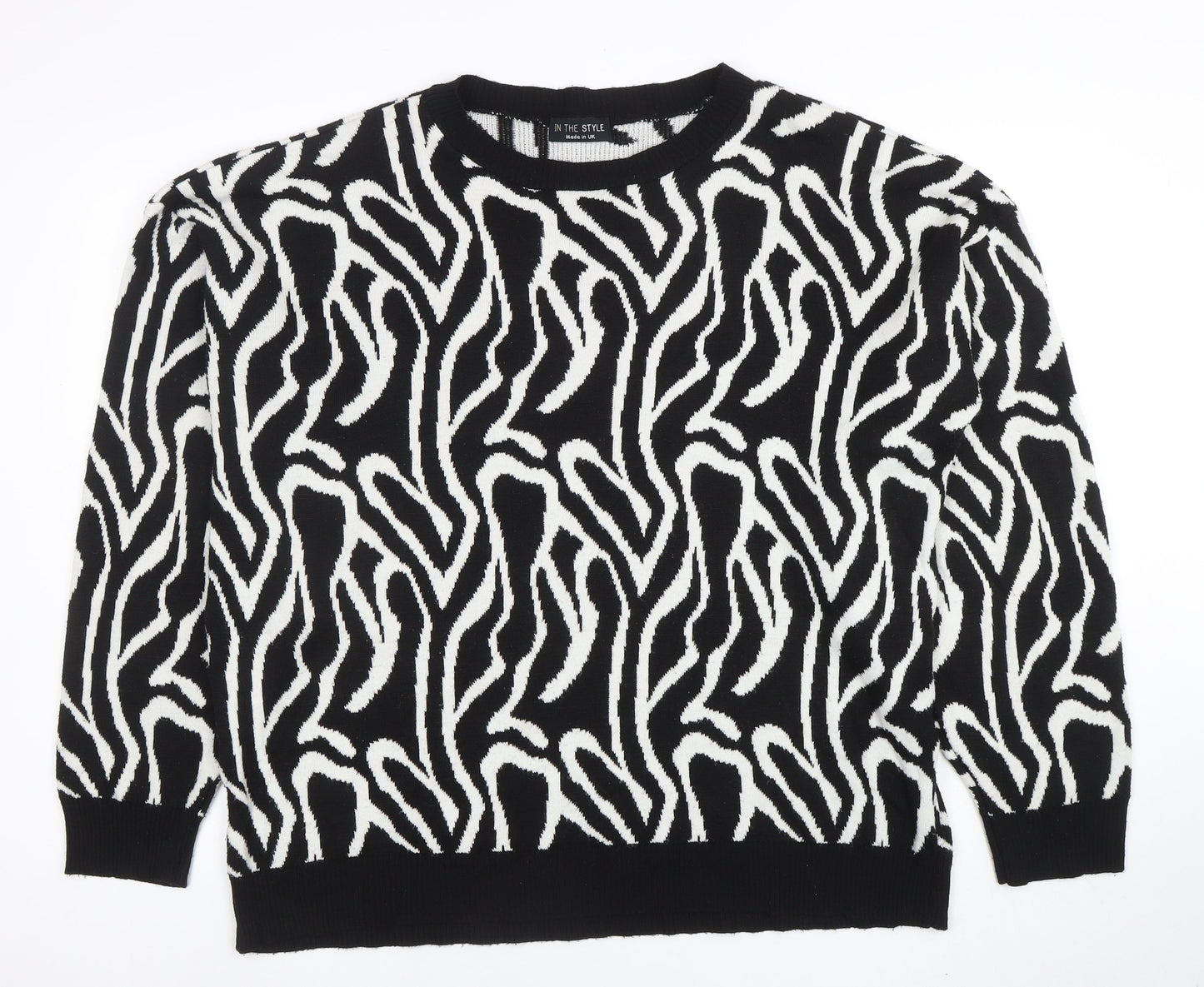 In The Style Women’s Black Zebra Knit Jumper Size L Crew Neck