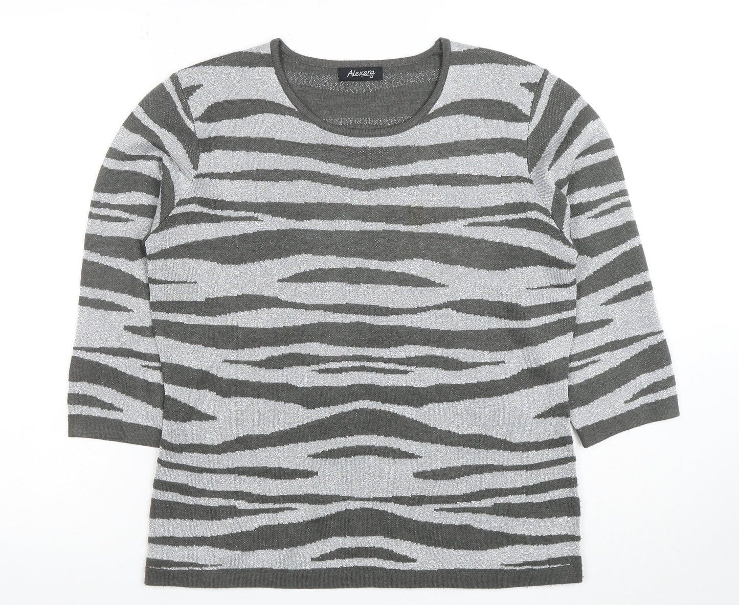 Alexara Women Grey Animal Print 3/4 Sleeve Knit T-Shirt M