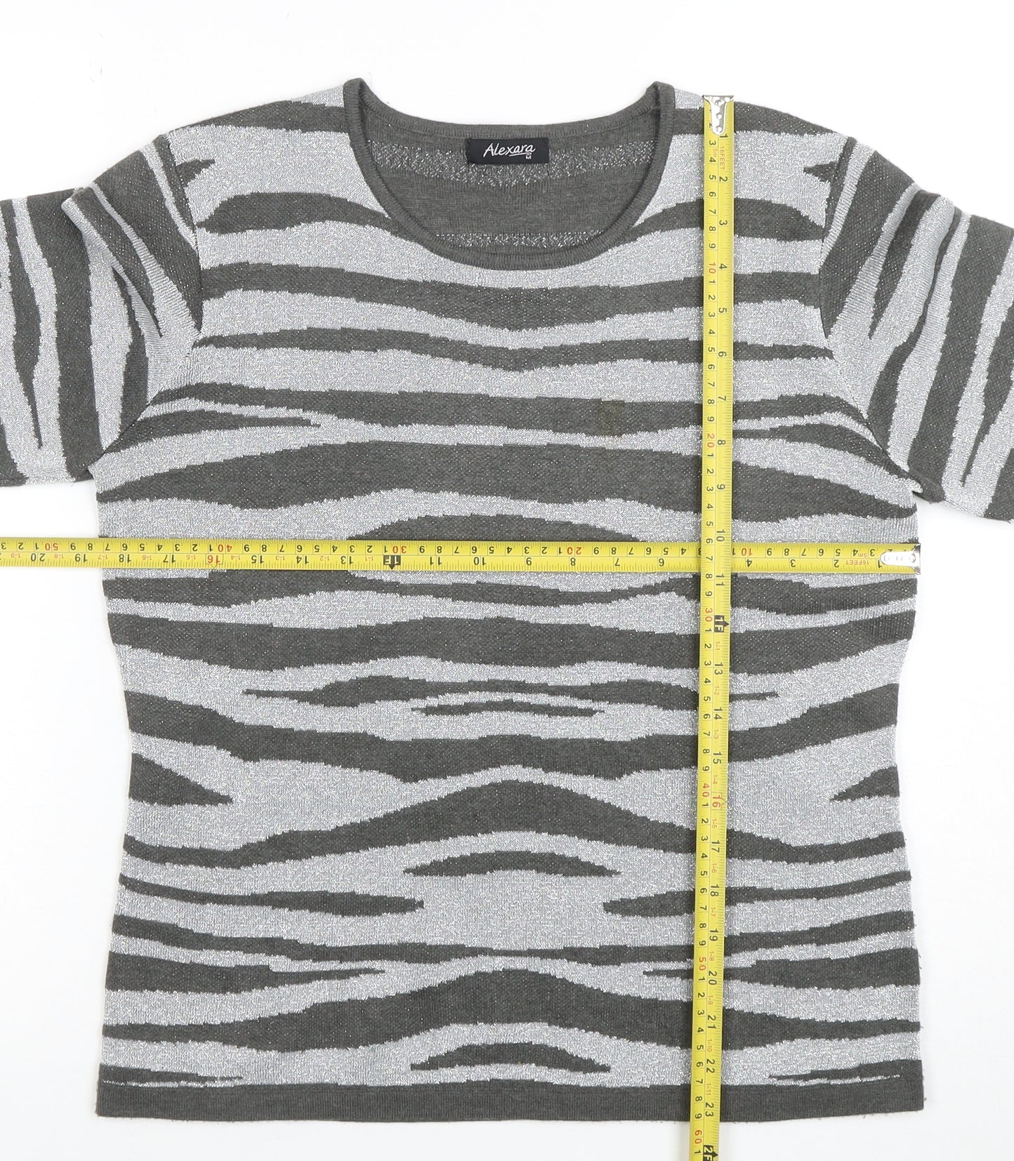 Alexara Women Grey Animal Print 3/4 Sleeve Knit T-Shirt M