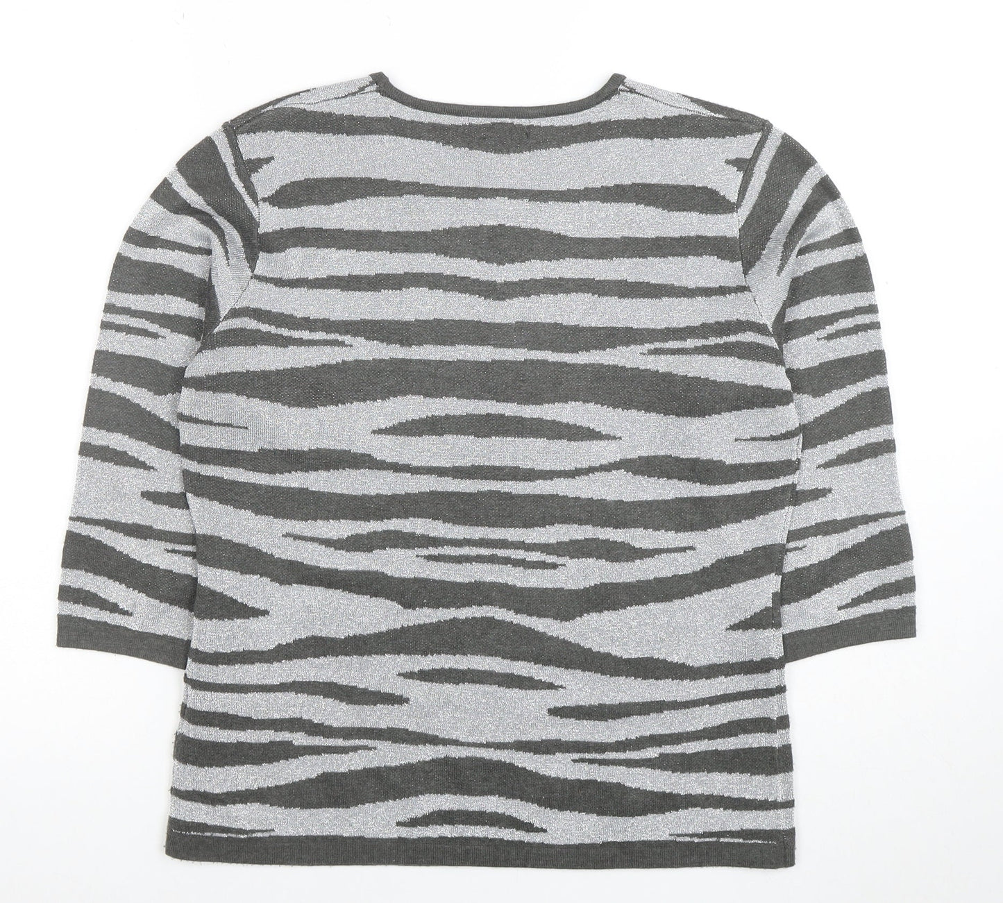 Alexara Women Grey Animal Print 3/4 Sleeve Knit T-Shirt M