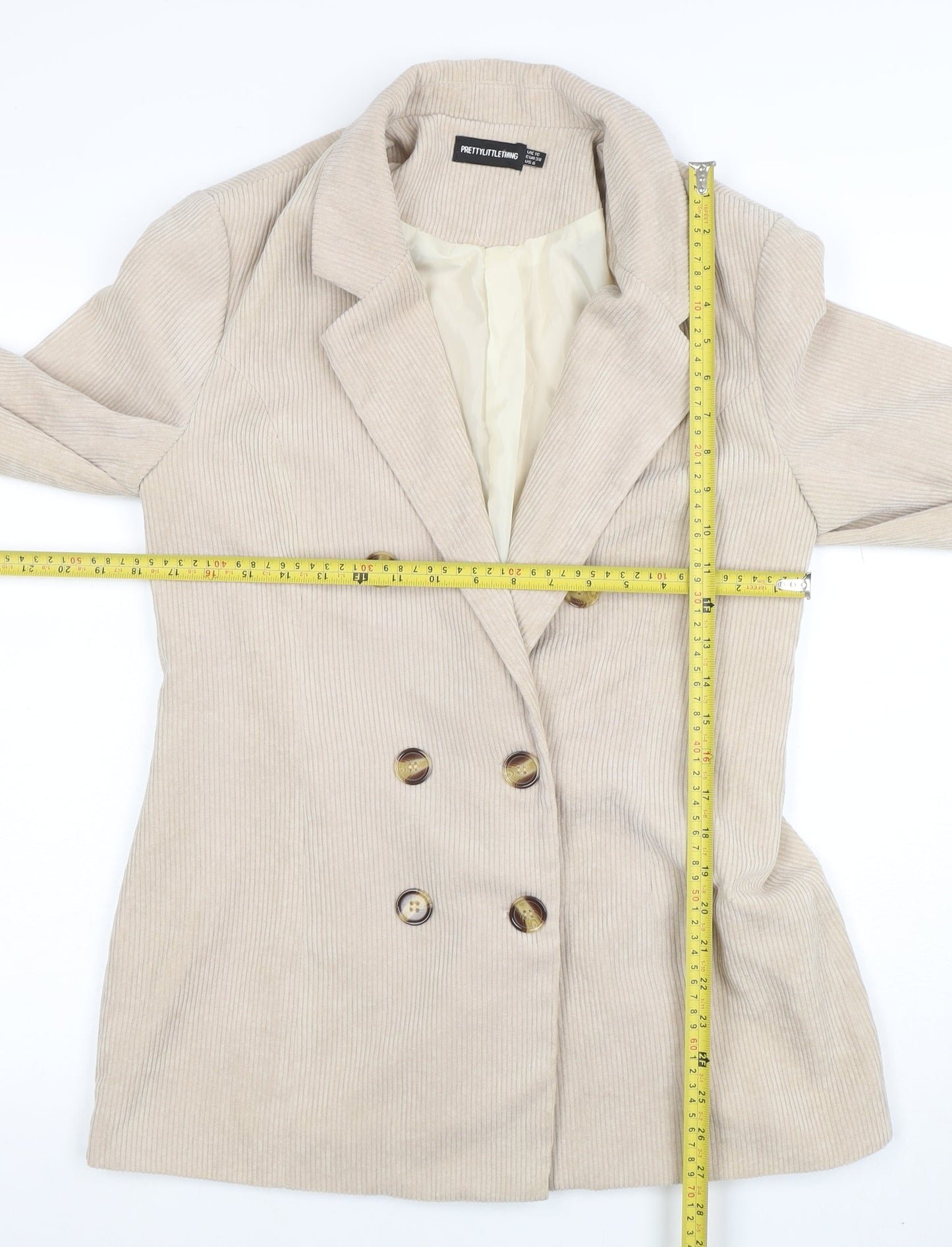 PrettyLittleThing Women Beige Corduroy Double-Breasted Blazer UK 10