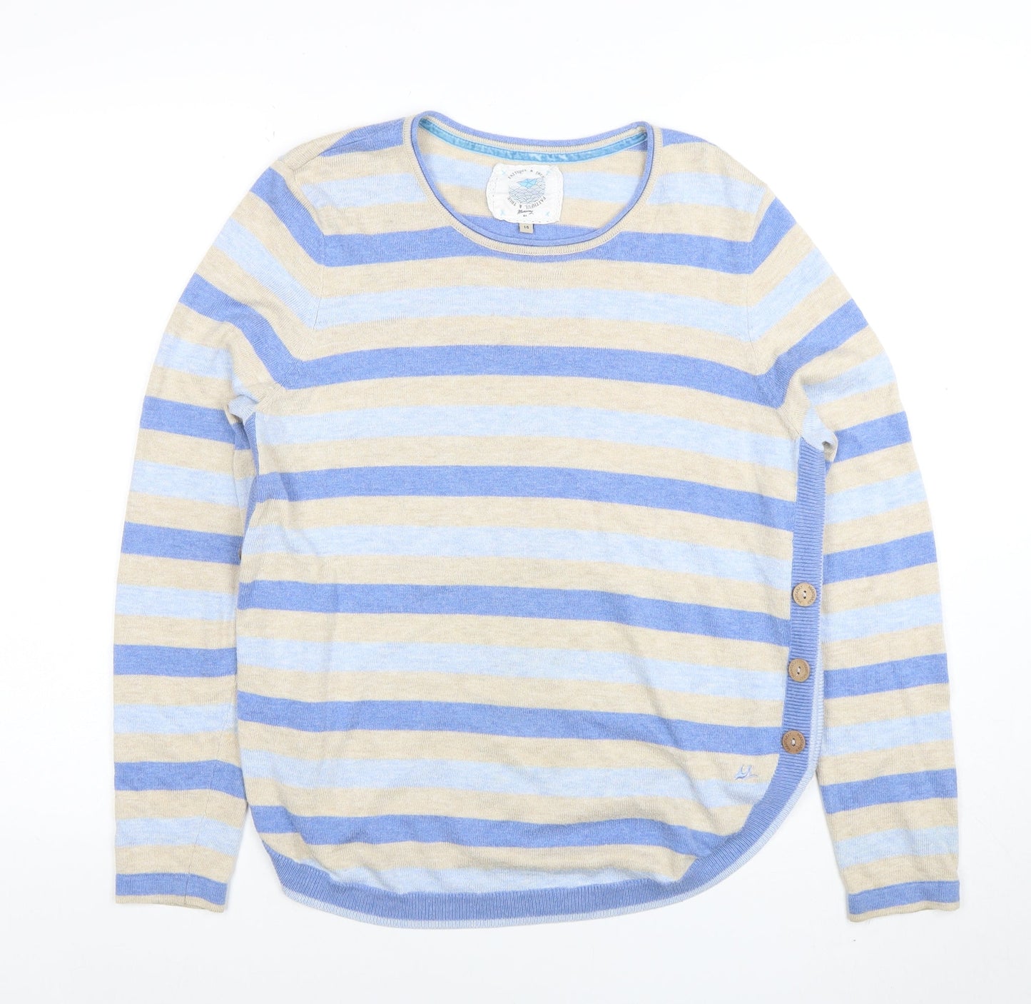 Mistral Women’s Blue Stripe Linen Cotton Jumper Size 14 Crew Neck