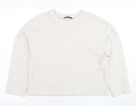 ZARA Women Beige Knit Cotton Blend Crew Neck Jumper Size 12