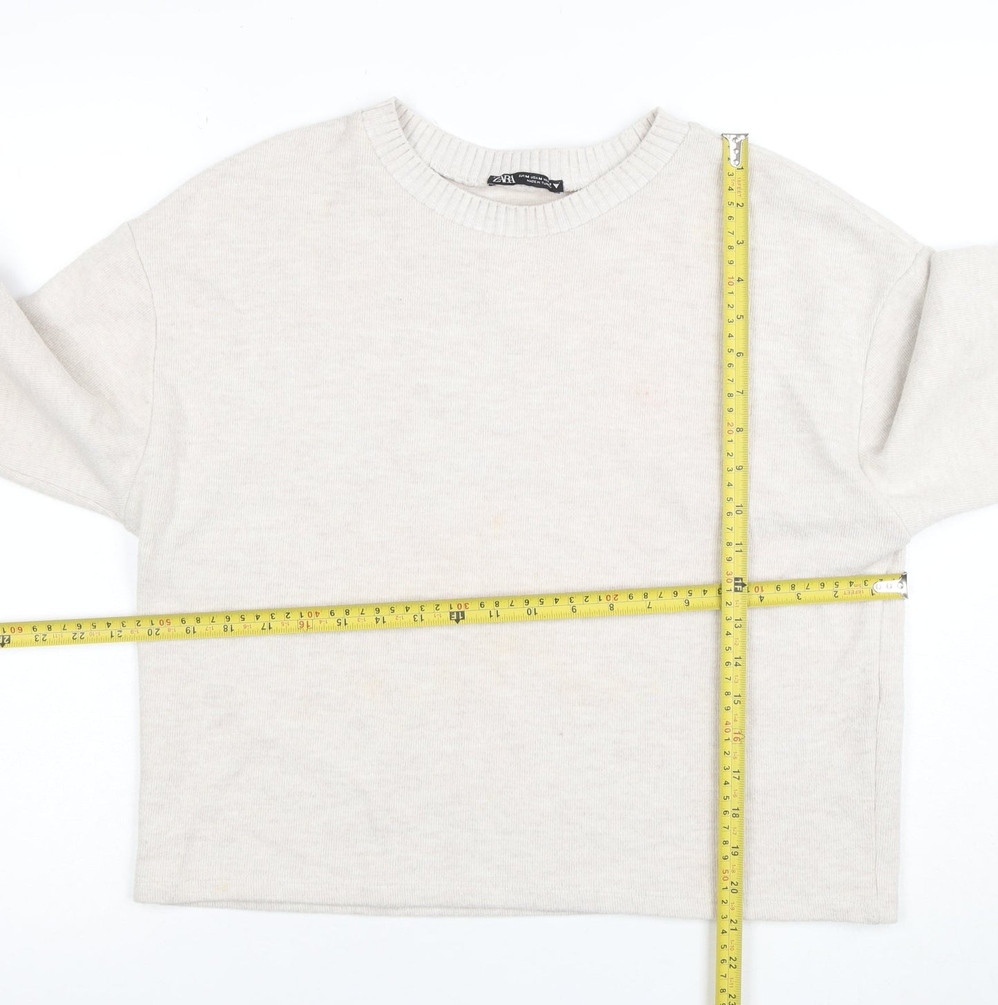 ZARA Women Beige Knit Cotton Blend Crew Neck Jumper Size 12