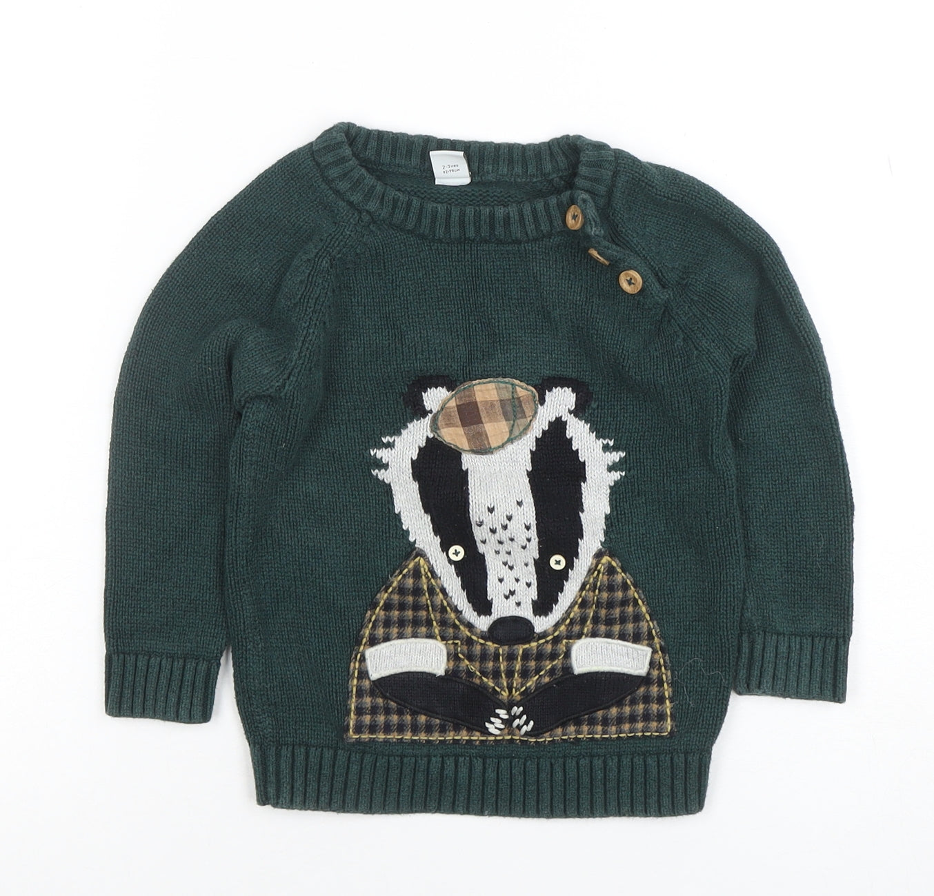 Tu Boys Green Badger Knitted Jumper 2-3 Years Cotton Pullover