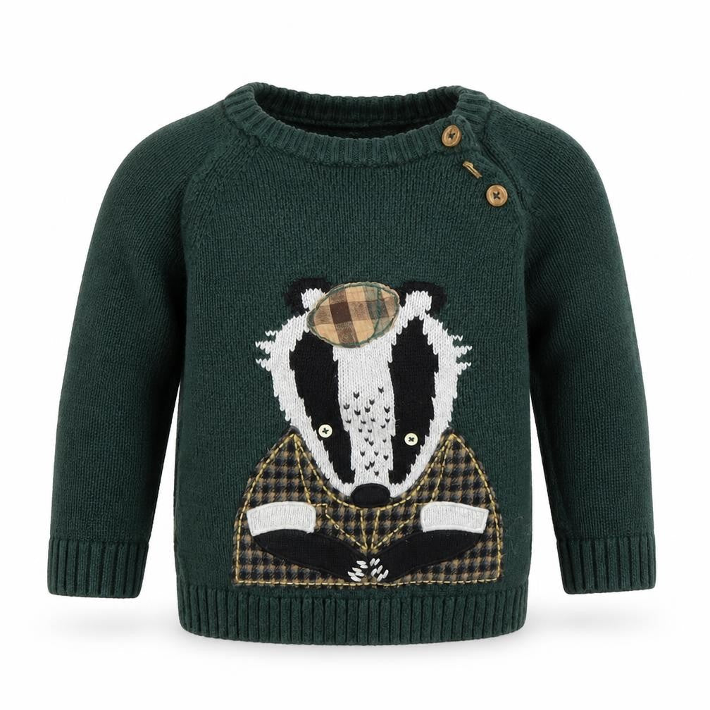 Tu Boys Green Badger Knitted Jumper 2-3 Years Cotton Pullover