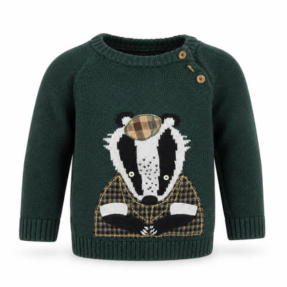 Tu Boys Green Badger Knitted Jumper 2-3 Years Cotton Pullover