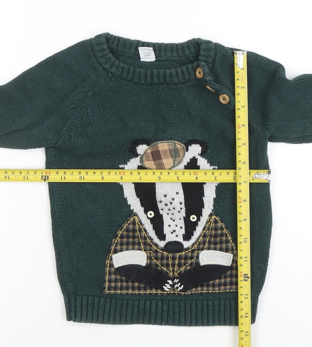 Tu Boys Green Badger Knitted Jumper 2-3 Years Cotton Pullover