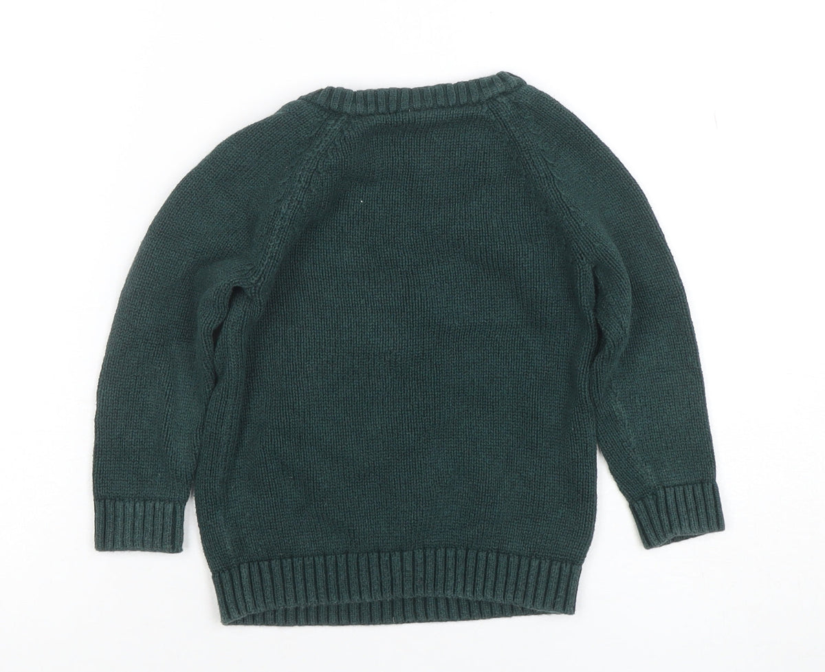 Tu Boys Green Badger Knitted Jumper 2-3 Years Cotton Pullover