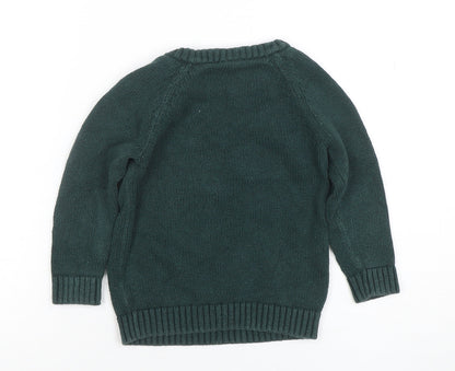 Tu Boys Green Badger Knitted Jumper 2-3 Years Cotton Pullover