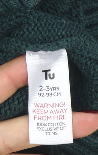 Tu Boys Green Badger Knitted Jumper 2-3 Years Cotton Pullover