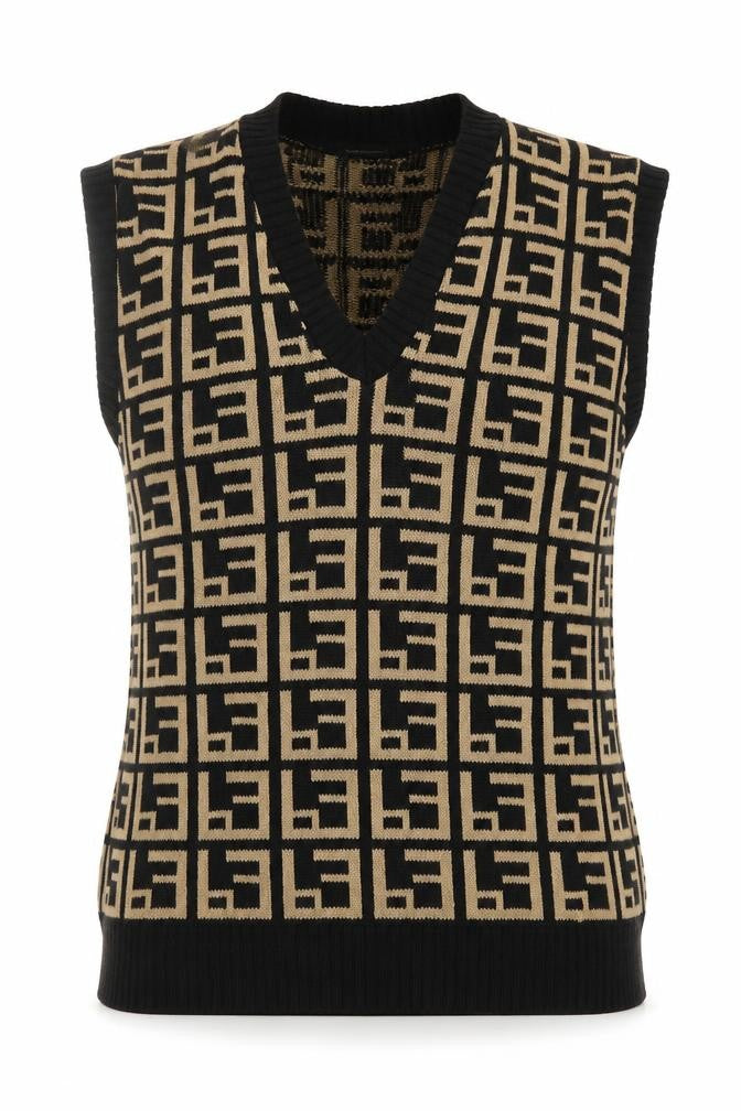 Stylewise Women's Black Beige Geometric V-Neck Knit Vest M/L