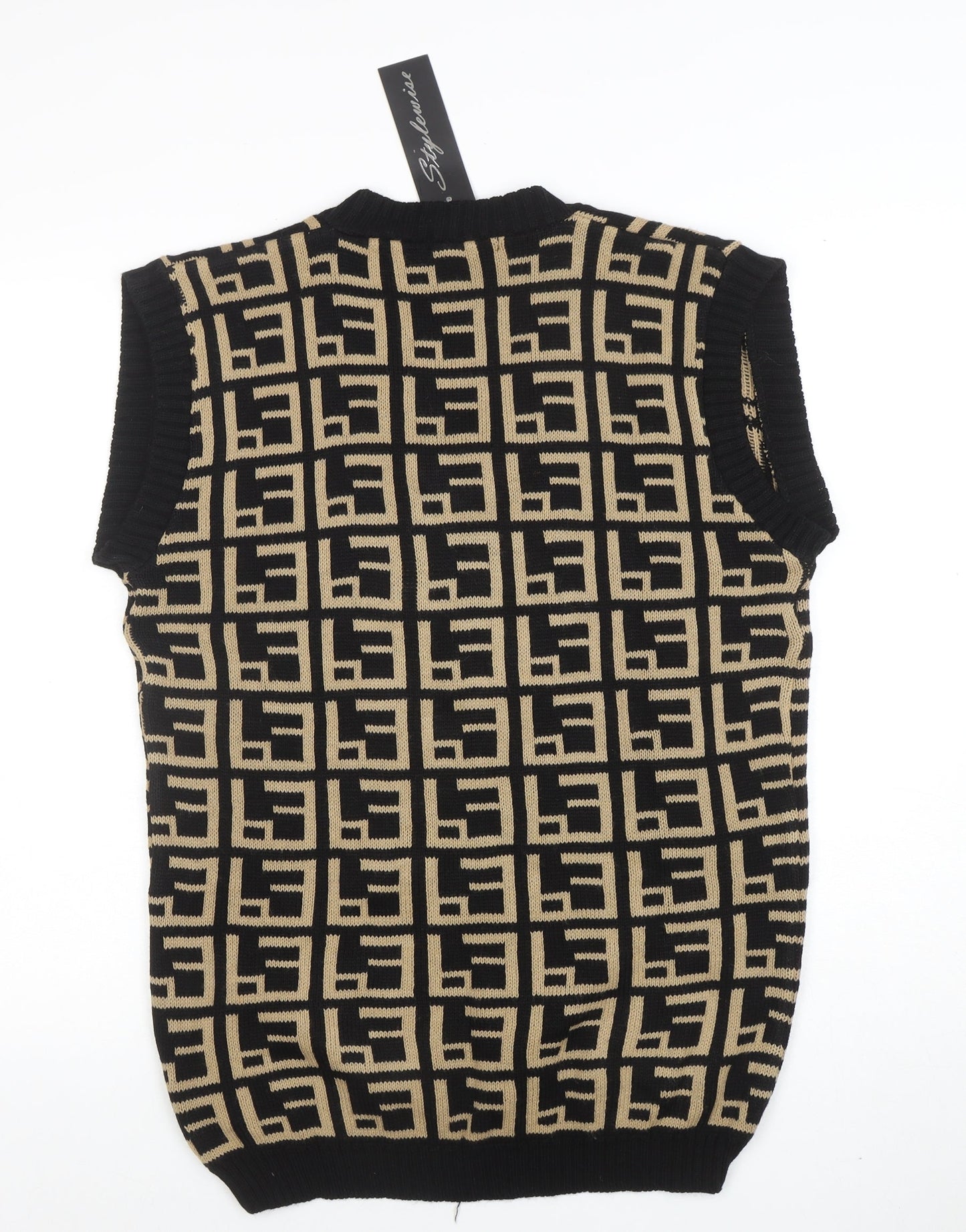 Stylewise Women's Black Beige Geometric V-Neck Knit Vest M/L