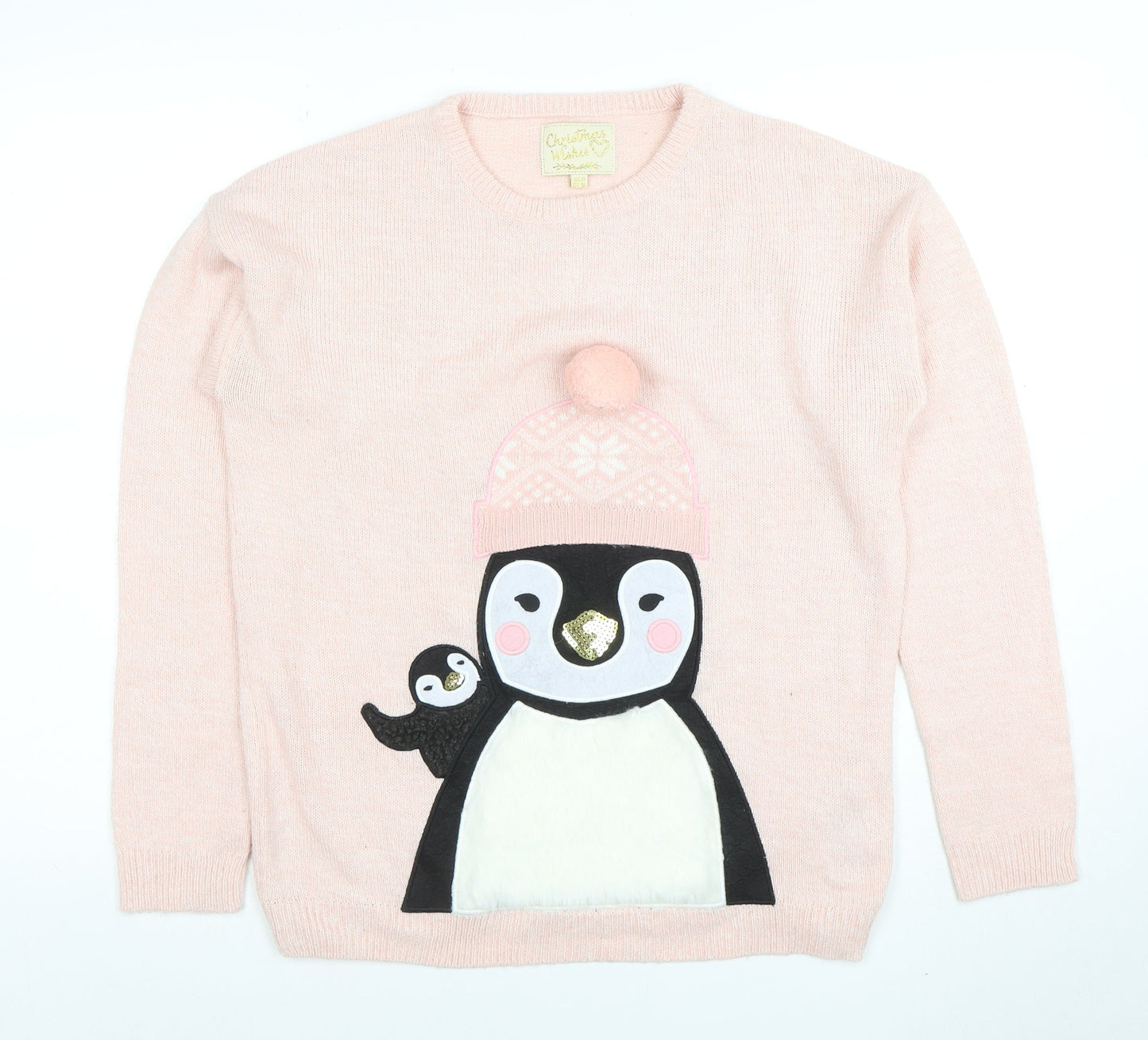 Christmas Wishes Women's Pink Penguin Knit Jumper Size M