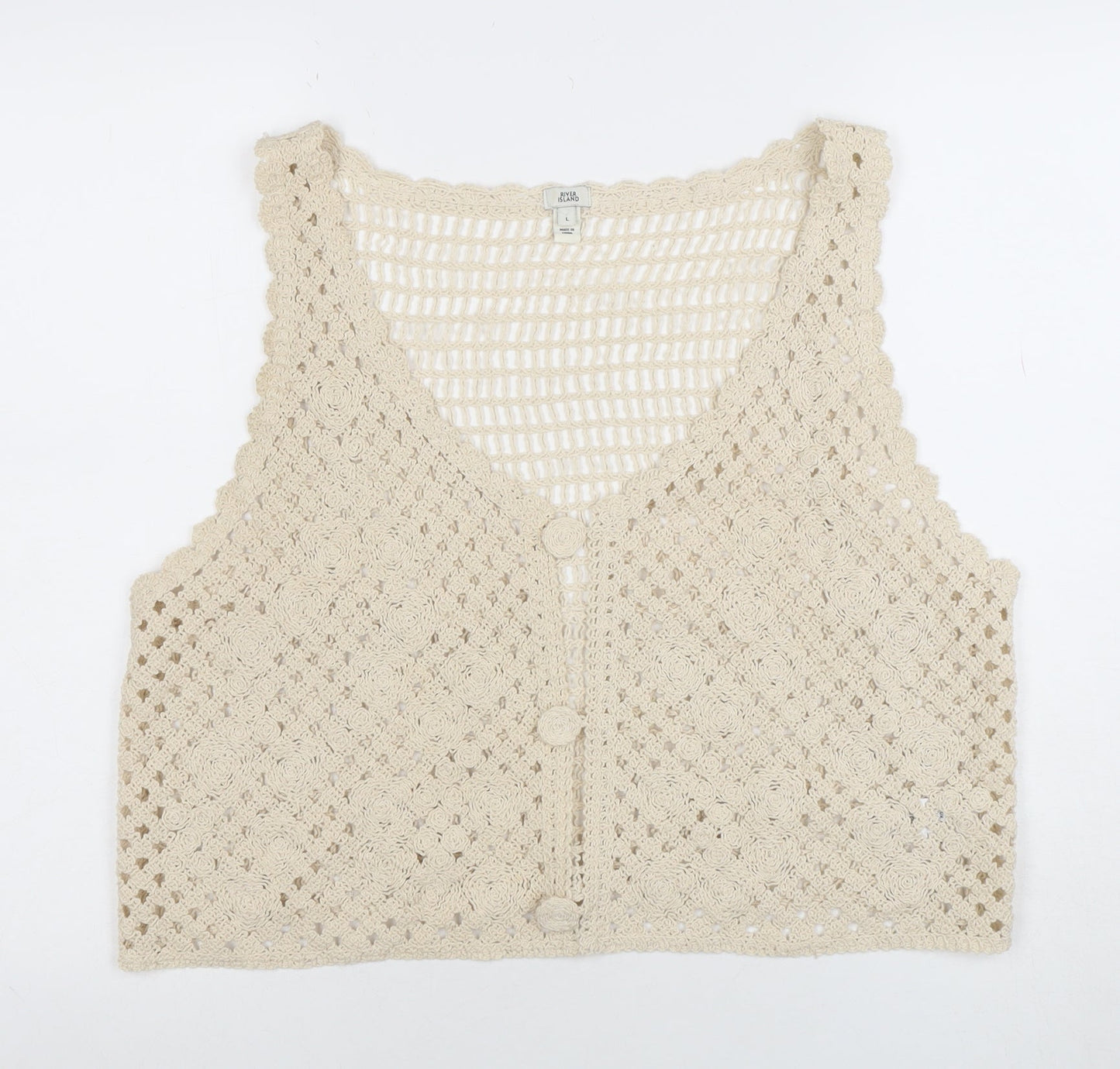River Island Women’s Beige Crochet Cotton Vest L - Boho Summer Style