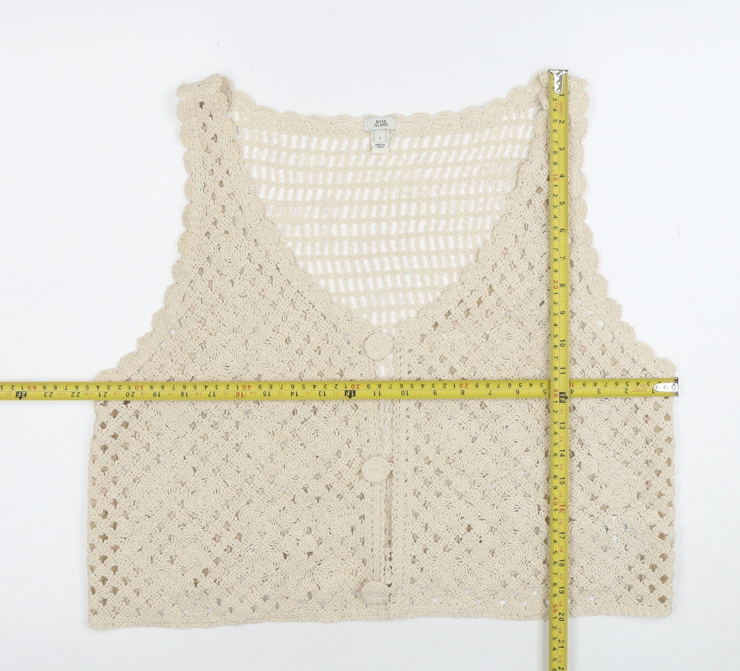 River Island Women’s Beige Crochet Cotton Vest L - Boho Summer Style