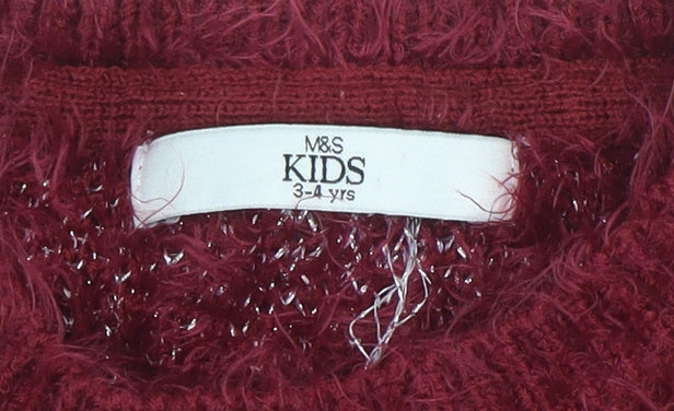 Marks and Spencer Girls Burgundy Star Fuzzy Pullover Jumper 3-4 Years